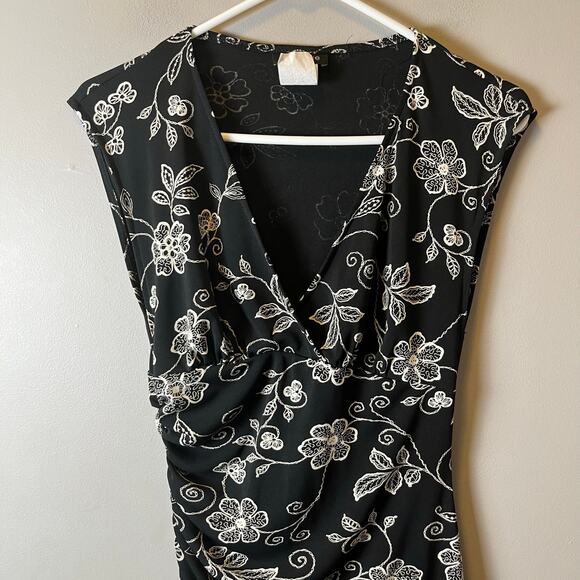 Vintage Y2K Black Floral Midi Dress Ruched Waist Sleeveless Romantic Soft Goth S - Picture 2 of 6